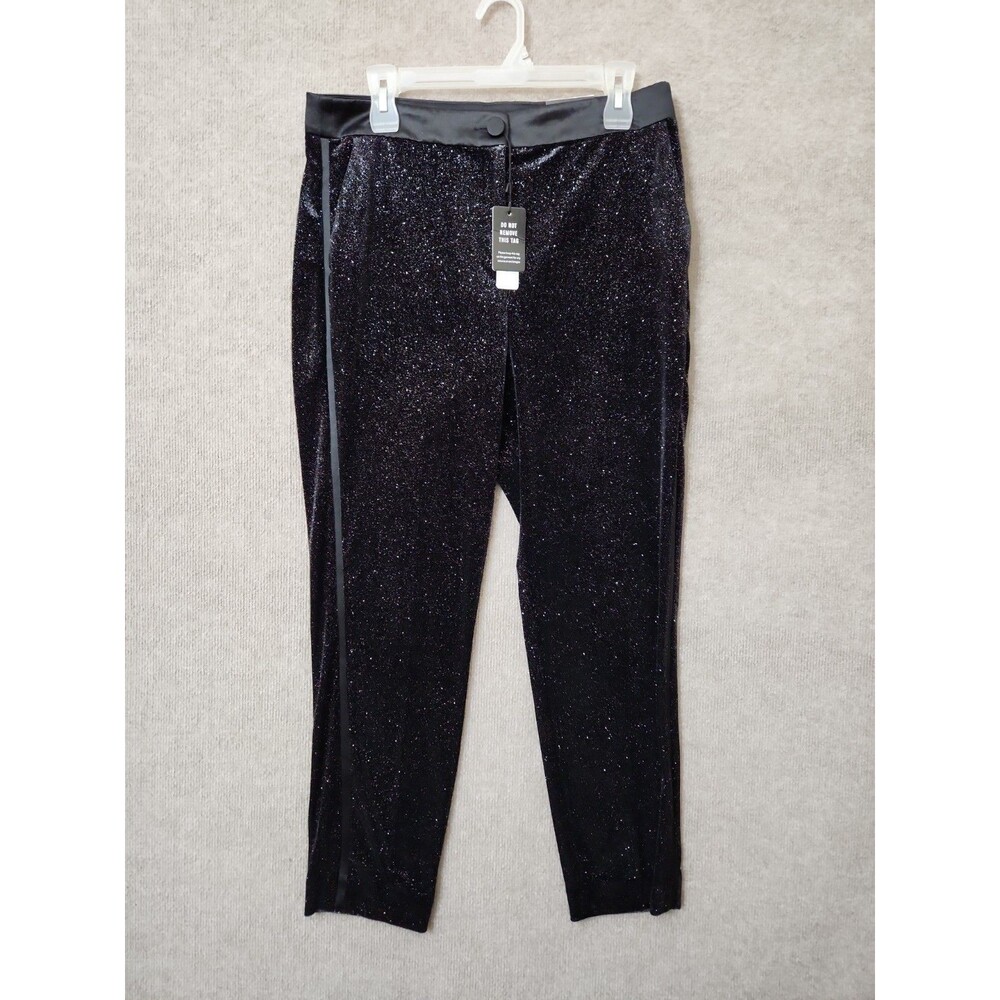 Express Velvet Ankle Dress Pants Womens 10 Black Glitter Tuxedo Trim Stretch NEW